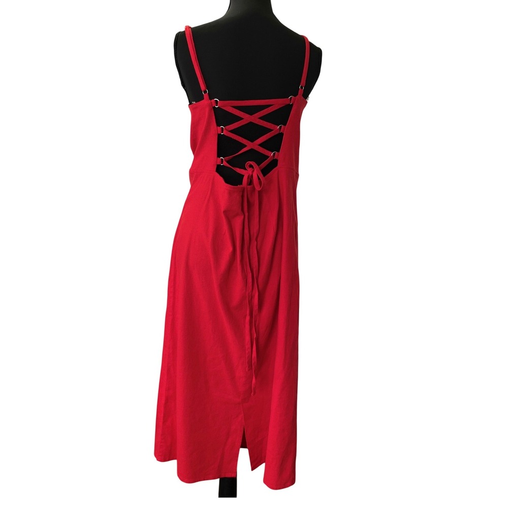 Wild Fable Midi Dress Womens 16 Red Linen Blend Lace Up Back Slit Square neck